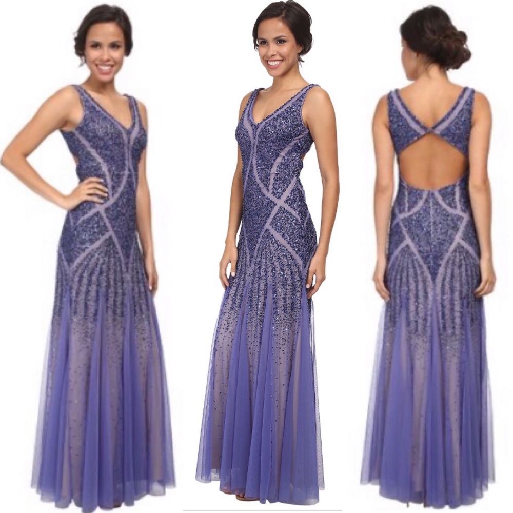Adrianna Papell beaded V-neck low back mermaid long gown